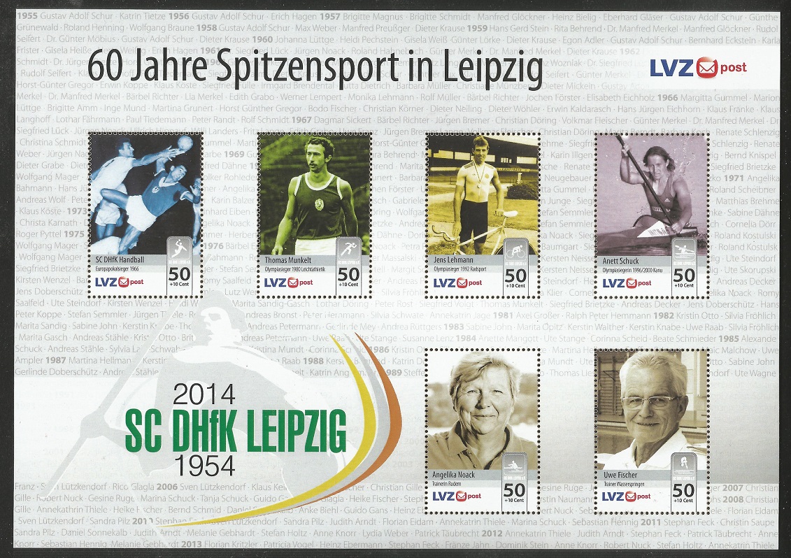 stamp ger 2014 sept. 22nd lvz post ss 60 years of top level sport in leipzig