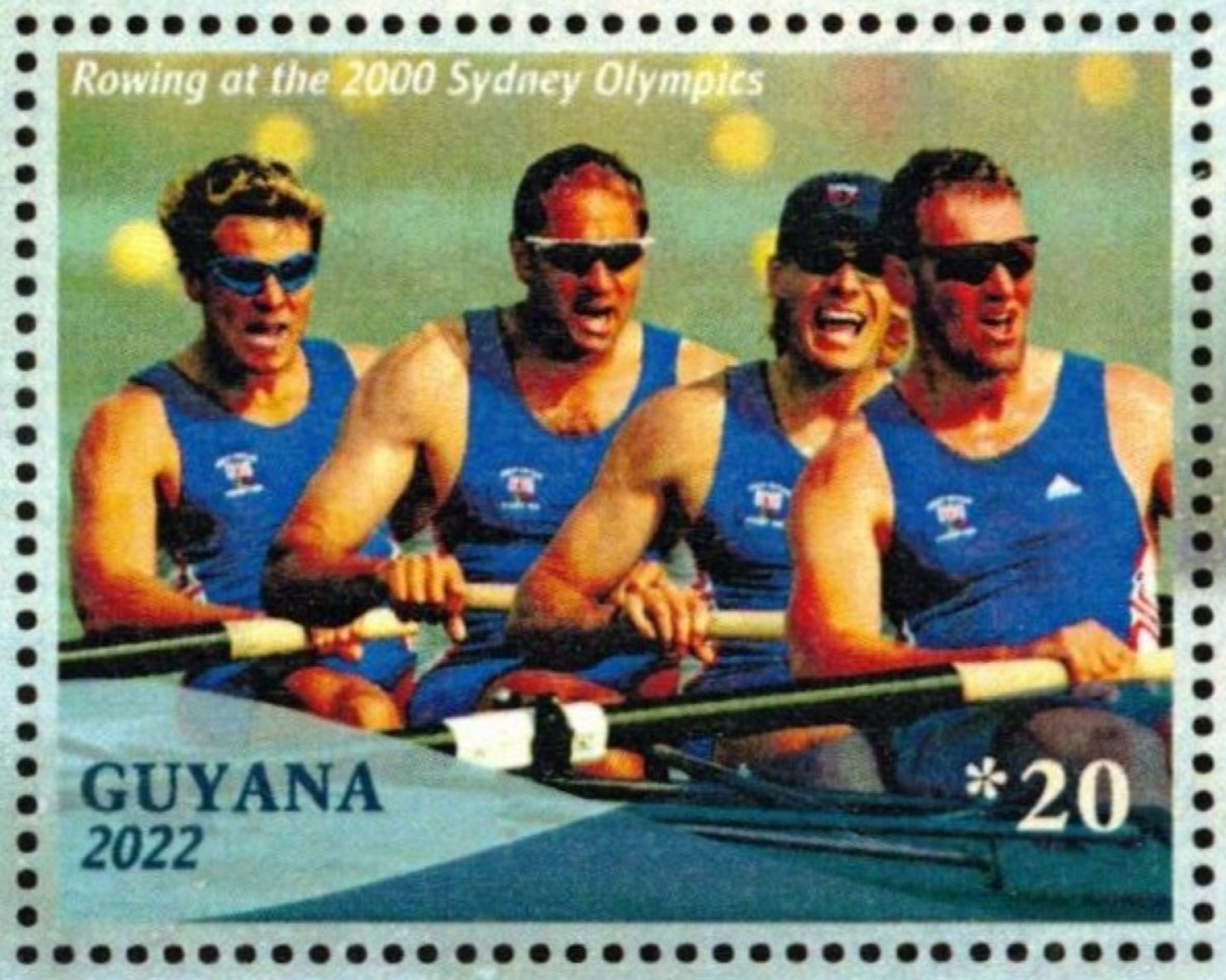 Stamp GUY 2022 unauthorized issue M4 gols medal winner crew GBR OG Sydney 2000