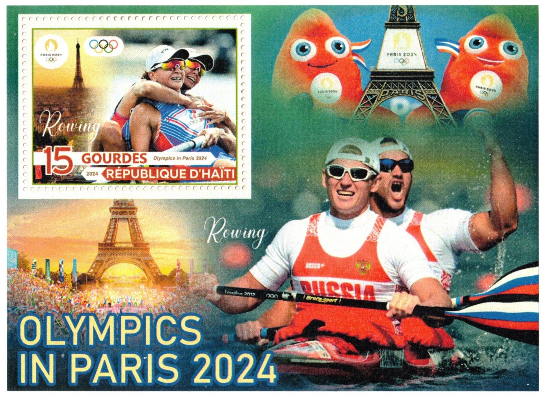 Stamp HAI 2024 SS OG Paris unauthorized issue Olympics in Paris 2024 W2 crew celebrating on stamp in upper left corner