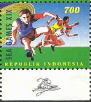 Stamp INA 1977 Sept. 9th South East Asian Games MS Mi 1792 93 with rowing mascot in lower margin detail