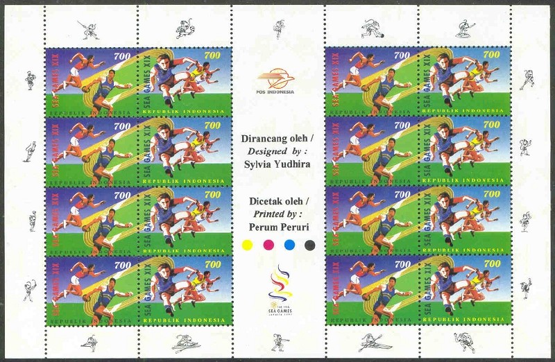 stamp ina 1977 sept. 9th south east asian games ms mi 1792 93 with rowing mascot in lower margin