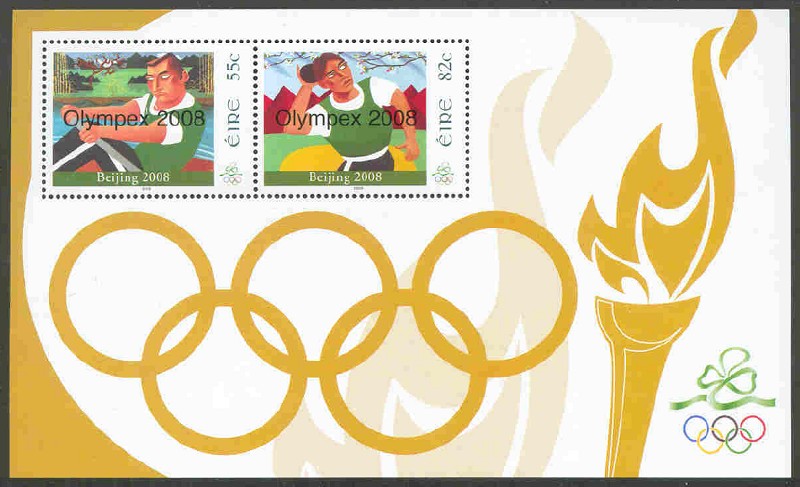 stamp irl 2008 july 15th og beijing mi bl. 73 ss with overprint olympex 2008 on both stamps