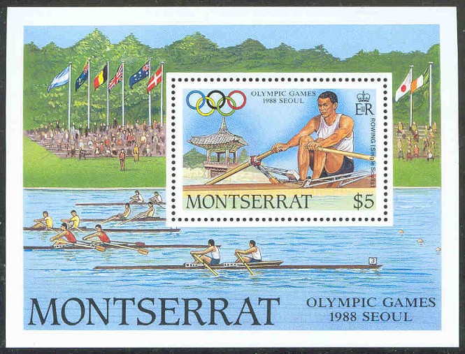 stamp montserrat 1988 july 29th og seoul ss mi bl. 49 sinle sculler drawing of 2x finalists parade at og munich 1972 