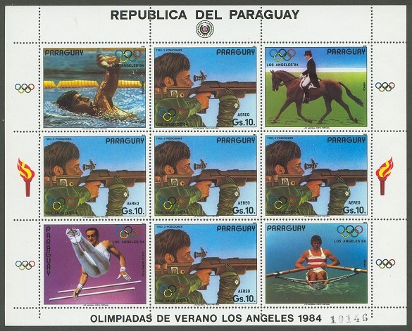 stamp par 1984 jan. 12th og los angeles ms shooting mi 1317 with four cinderellas swimming. equestrian gymnastics sculling 
