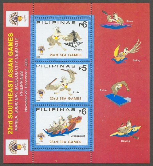 stamp phi 2005 southeast asian games manila ms small issue with 3 values chess fencing and dragonboat sculling mascot on margin 