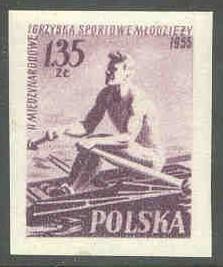 stamp pol 1955 july 27th mi 938 b imperforated youth games single sculler 