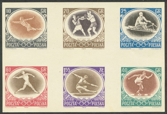 stamp pol 1956 og melbourne proof imperforated mi 984 89