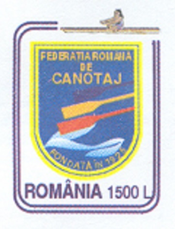 Stationary I ROU 1999 Romanian Rowing Federation with two coloured blades touching water