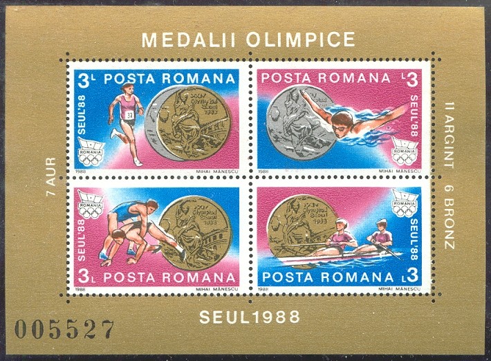stamp rom 1988 dec. 7th og seoul ss mi bl. 251 romanian medal winners