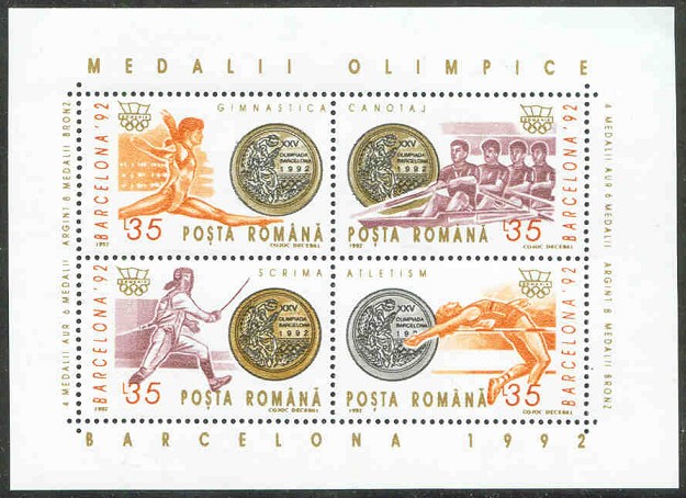 stamp rom 1992 dec. 30th og barcelona ss romanian medal winners mi bl. 279 with mi 4852 