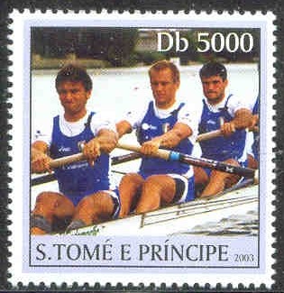 stamp stp 2003 apr. 1st og athens 2004 mi 2177 three sweep oar rowers in blue clothing 