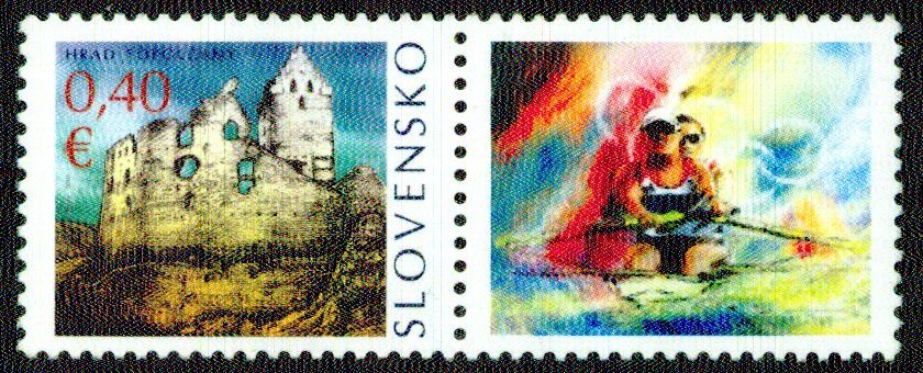 stamp svk 2013 personalized issue with coloured drawing of a m2 and olympic rings in background