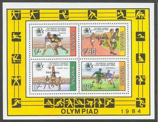 stamp tan 1985 oct. 22nd og los angeles ss mi bl. 45 overprinted gold medal pictogram in margin 