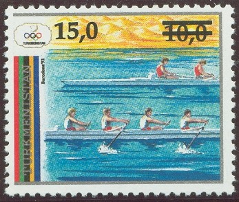 stamp tkm 1993 apr. 7th og barcelona with overprinted value mi. 27 two 4 racing 