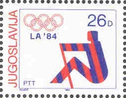 stamp yug 1984 nov. 14th mi 2082 bronze medal for yug 2x at og los angeles stylized rower in national colours red blue 