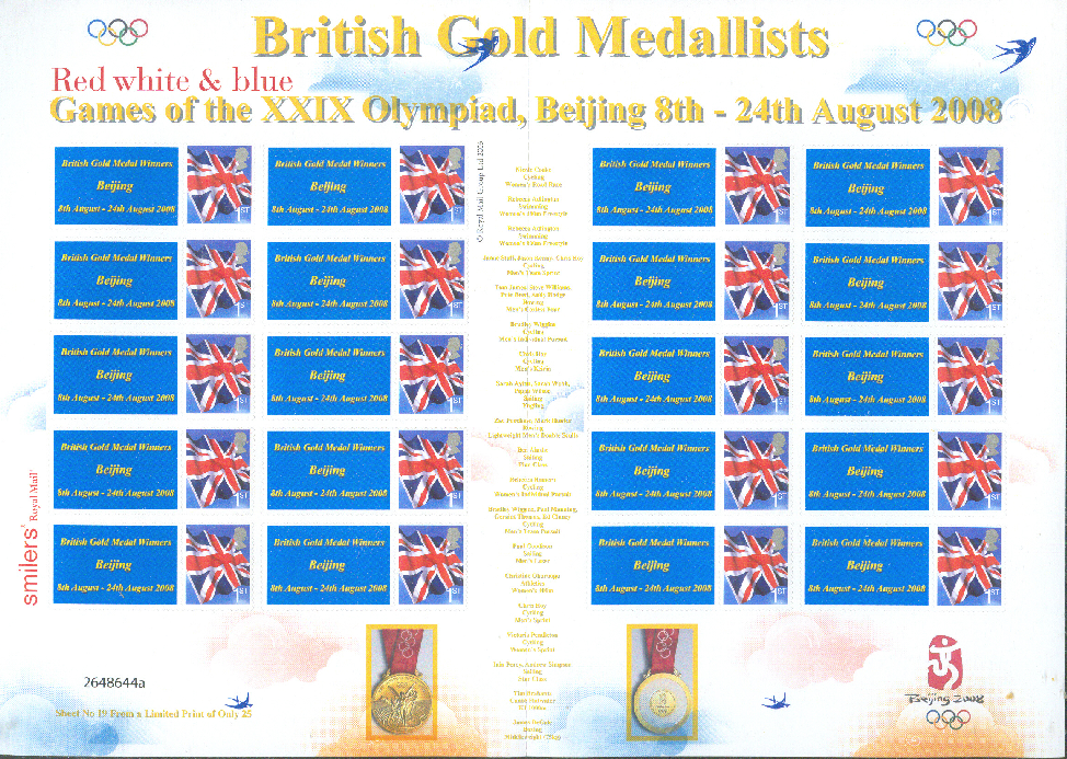 Stamp GBR 2005 Oct. 4th MS 20 x Mi 2341 with British Gold Medallists at OG Beijing on tabs