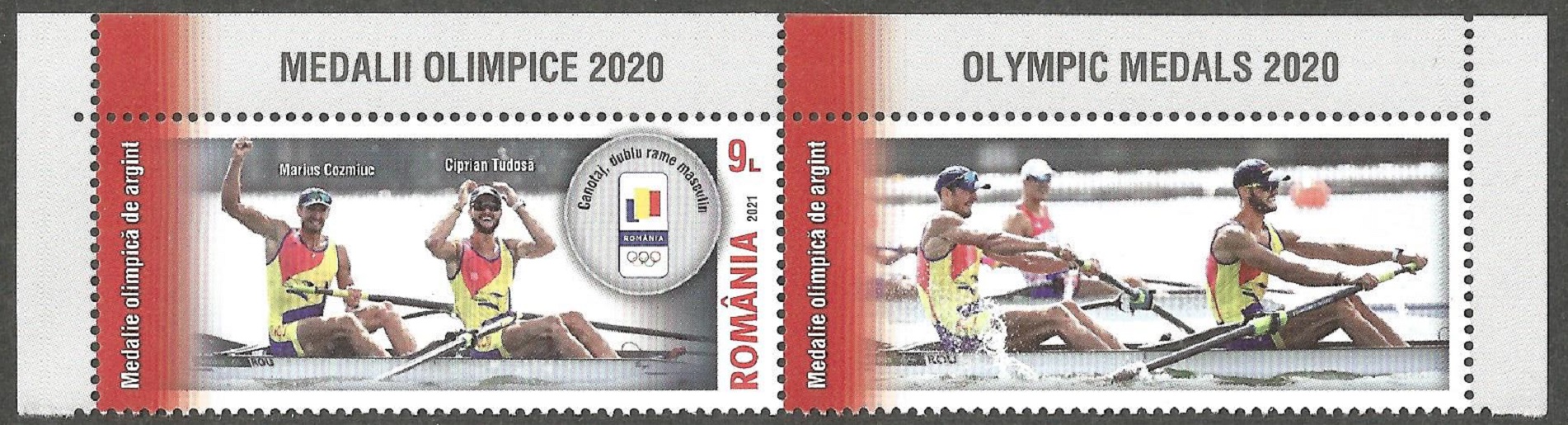 Stamp ROU 2021 Aug. 18th OG Tokyo 2020 with tab Marius Cozmiuc Ciprian Tudosa ROU winners of the M2 silver medal