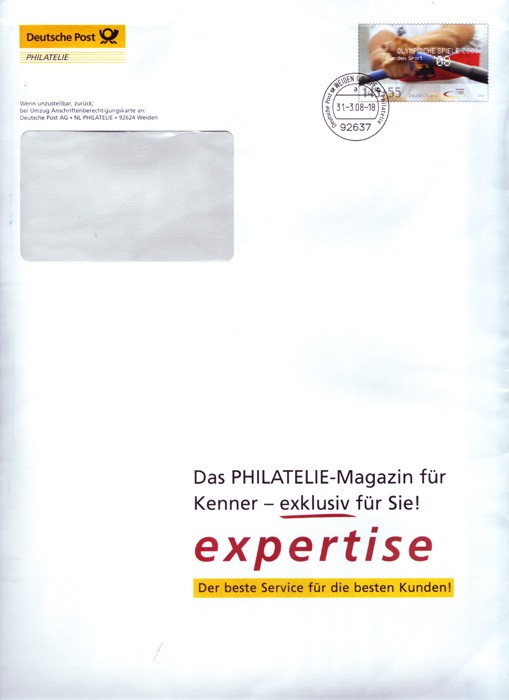 stationary i ger 2008 deutsche post philatelie   expertise   with pm weiden march 31st   complete cover