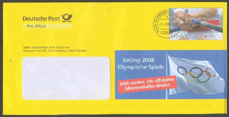 stationary i ger 2008 deutsche post philatelie og beijing   beijing 2008   with pm weiden july 7th