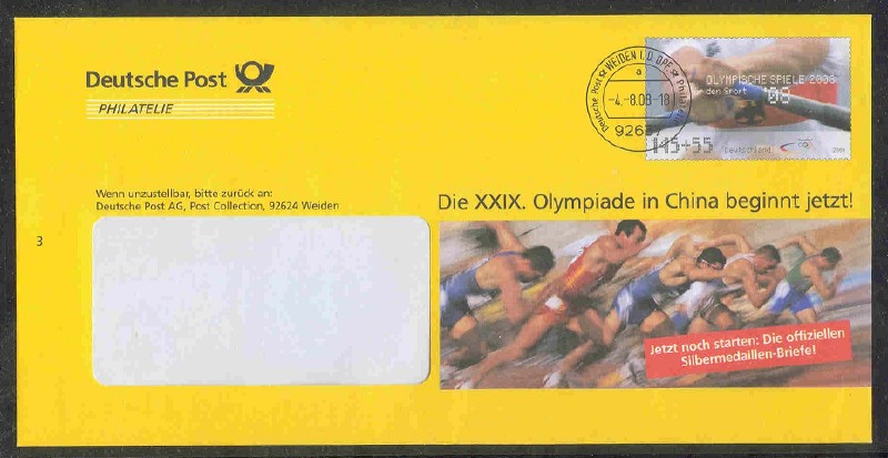 stationary i ger 2008 deutsche post philatelie og beijing   die xxix. olympiade   with pm weiden aug. 4th