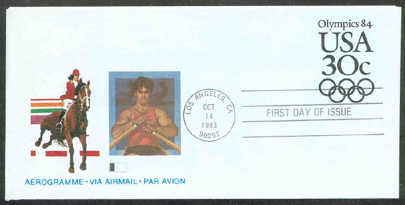 stationary ii usa 1983 oct. 14th fdc aerogram olympics 84 with image of a sculler