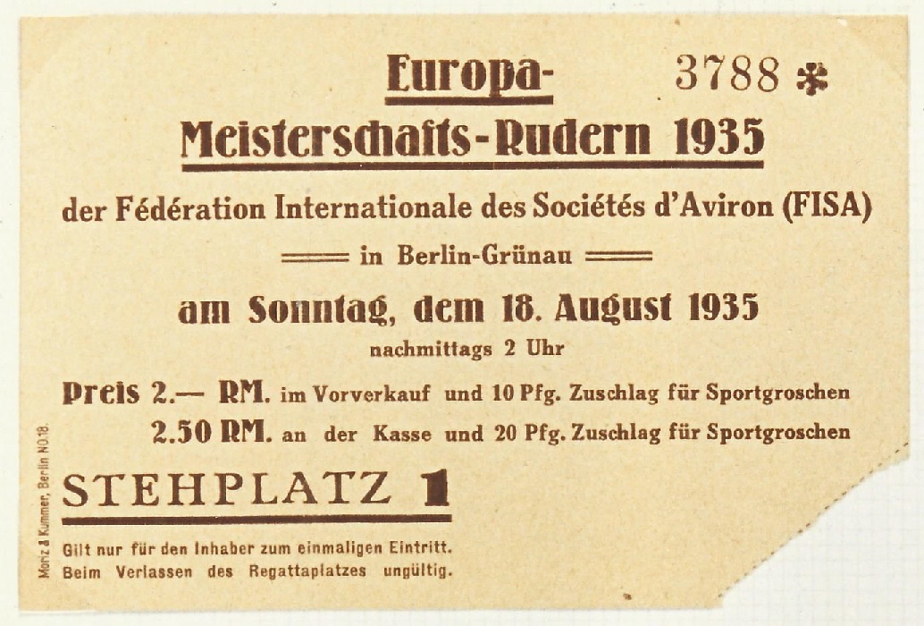 Ticket GER 1935 ERC Berlin Aug. 18th day of finals Coll. JE