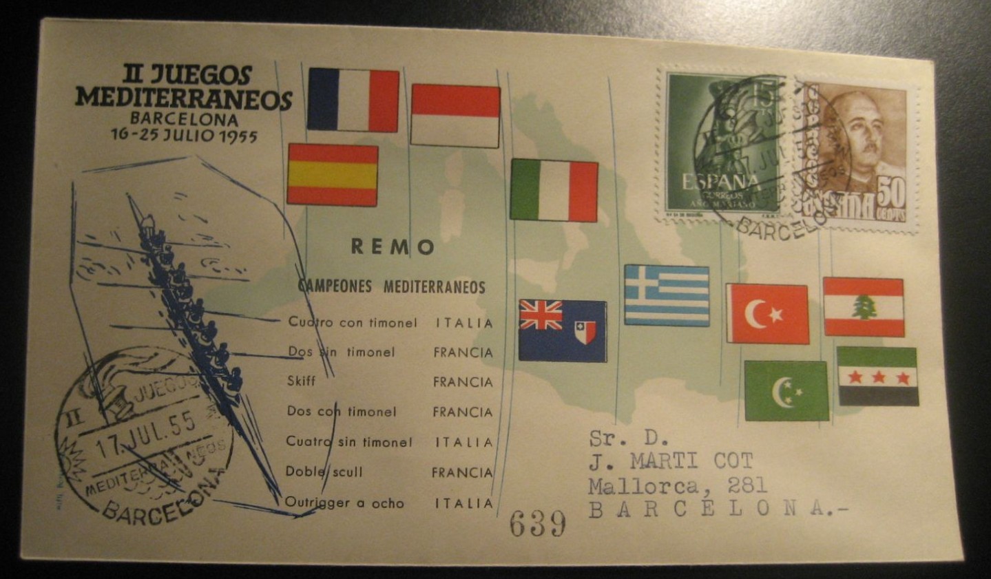Autos BARCELONA 1955 rowing aviron cancel cover SPAIN II Juegos Mediterraneos flag flags