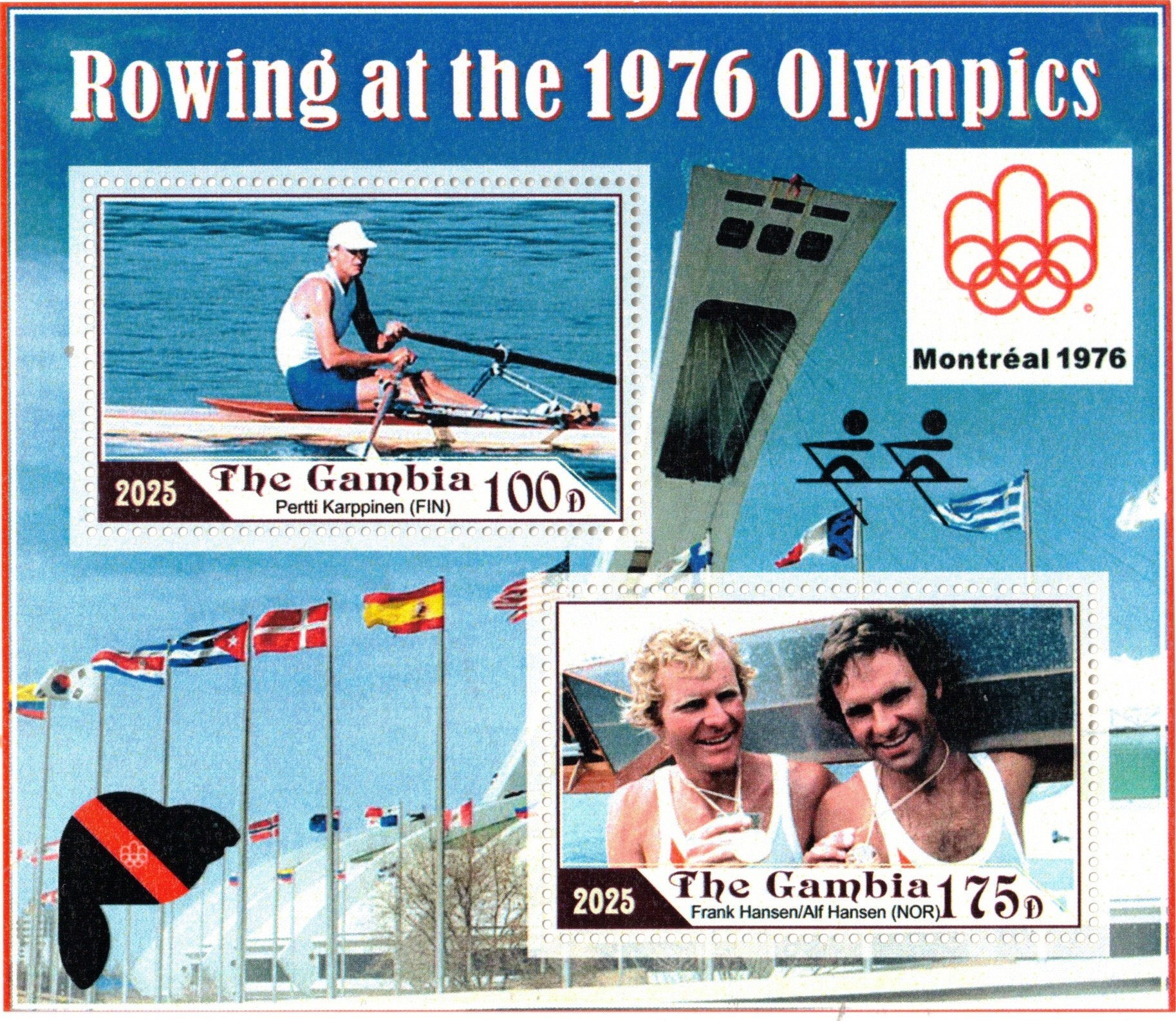 Stamp GAM 2025 SS unauthorized issue Rowing at OG Montreal Pertti Karpipinen FIN M1X goldsilver medal winner and the Hansen brothers NOR M2X gold medal winners