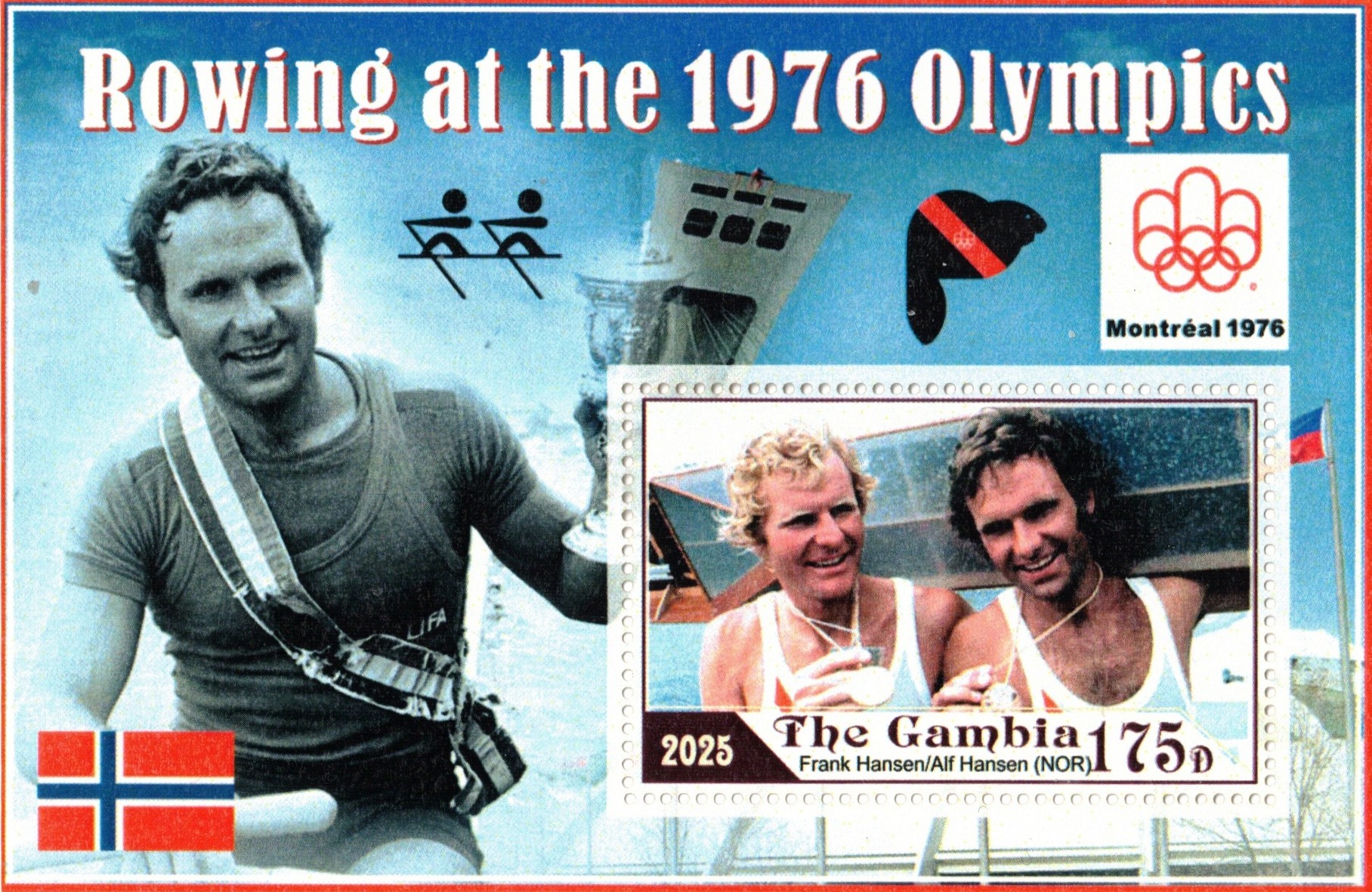 Stamp GAM 2025 SS unauthorized issue Rowing at OG Montreal Frank Alf Hansen NOR M2X gold medal winners 