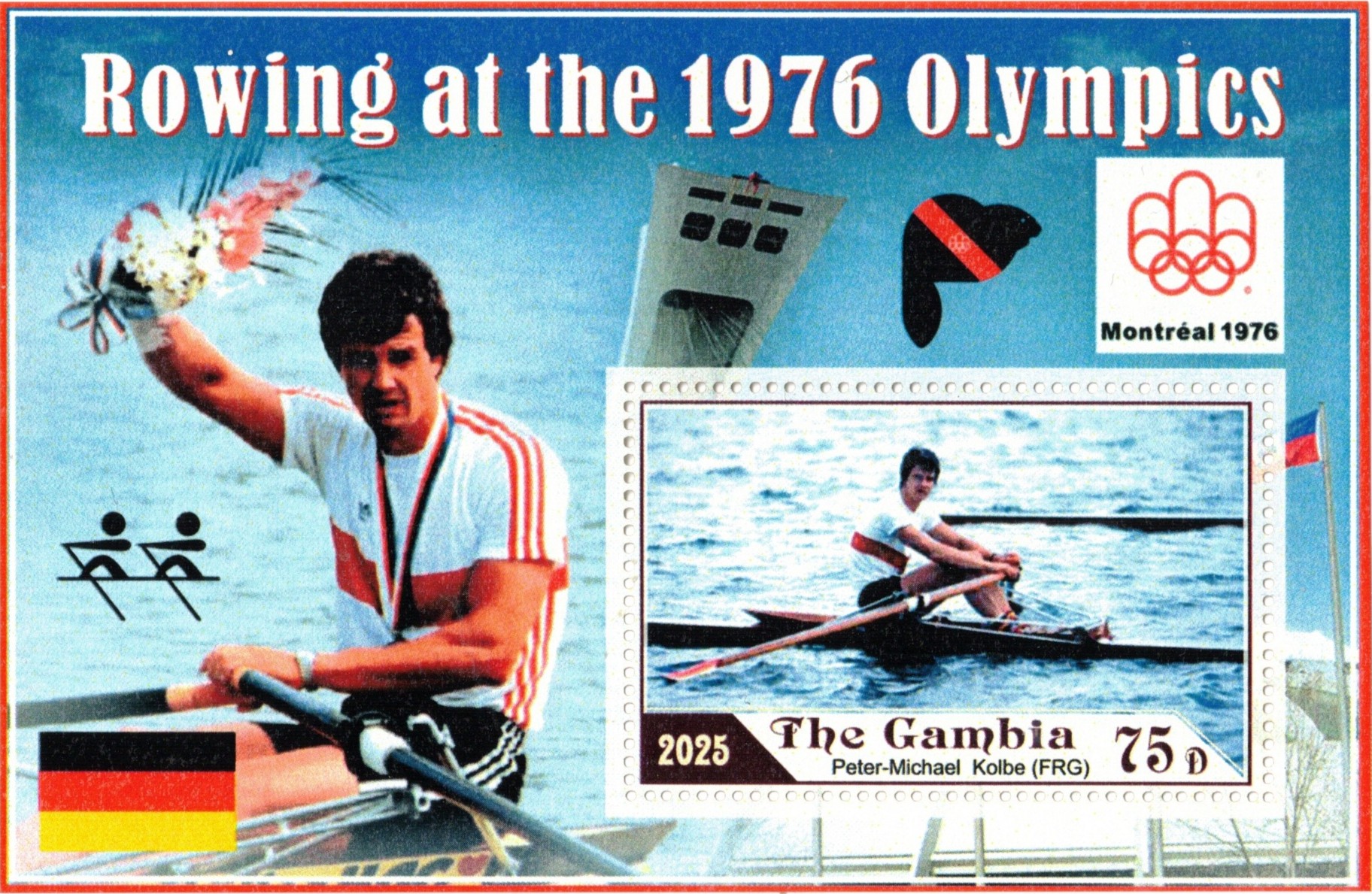 Stamp GAM 2025 SS unauthorized issue Rowing at OG Montreal Peter Michael Kolbe GER M1X silver medal winner 