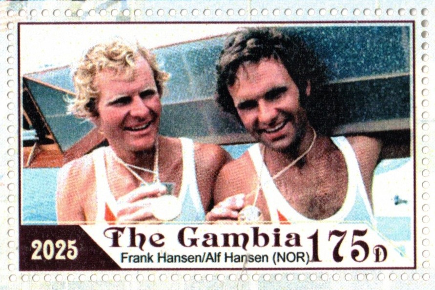 Stamp GAM 2025 unauthorized issue Rowing at OG Montreal Frank Alf Hansen NOR M2X gold medal winners 