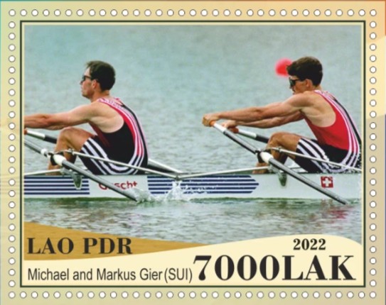 Stamp LAO 2022 SS unauthorized issue Rowing at OG Atlanta 1996 M2X gold medal winner crew Gier brothers SUI