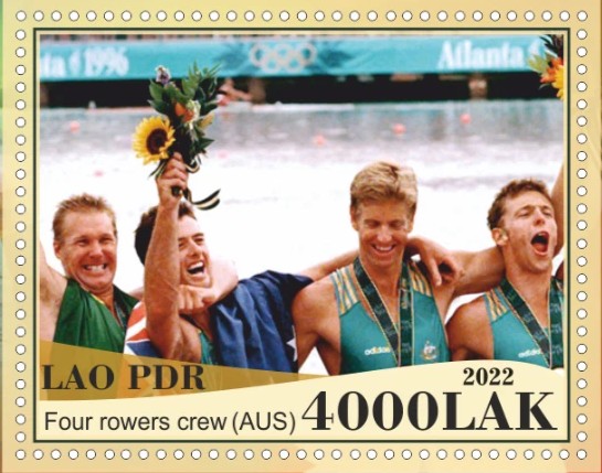 Stamp LAO 2022 SS unauthorized issue Rowing at OG Atlanta 1996 M4 gold medal winner crew AUS