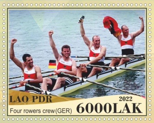 Stamp LAO 2022 unauthorized issue Rowing at OG Atlanta 1996 M4X gold medal winner crew GER
